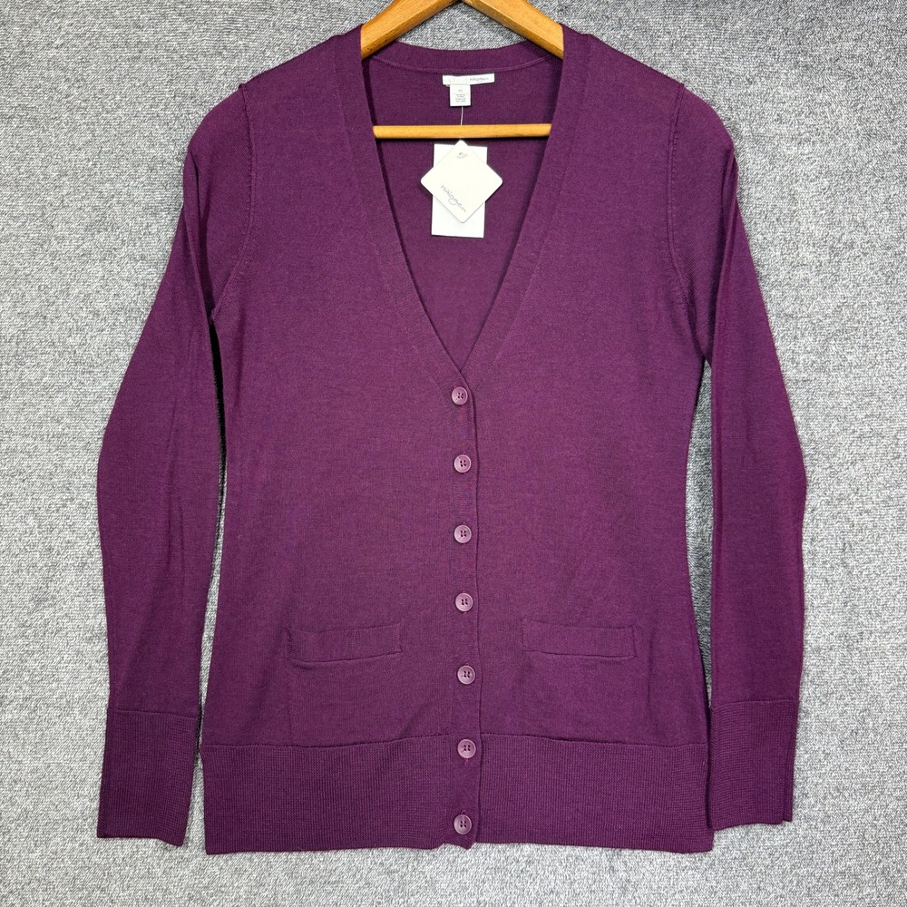 Halogen Cardigan Sweater NWT Women XS Purple Merino Wool V-Neck‎ Button Front